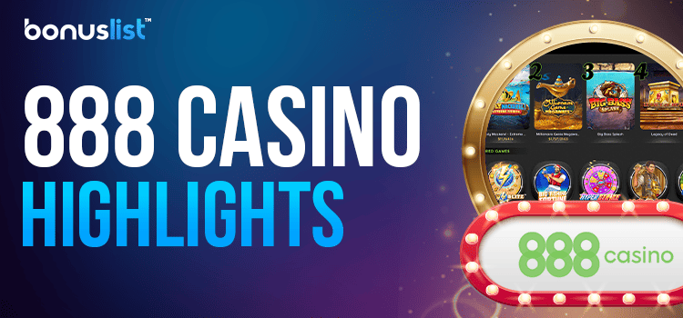 Different games list in a golden mirror and 888 casino logo for the casino's highlights