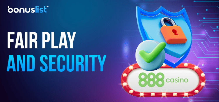 A lock on a security logo and a check mark for fair play and security of 888 Casino