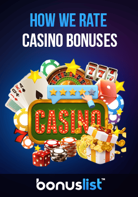 A big CASINO banner with a lot of gaming items and stars describes how we rate casino bonuses