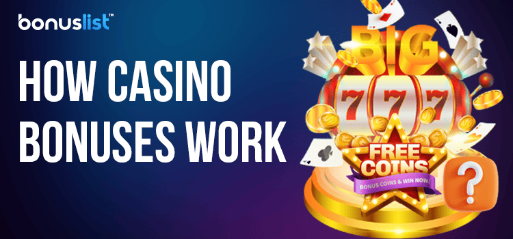 A golden slot machine with some cards and gold coins on a podium explains how casino bonuses work