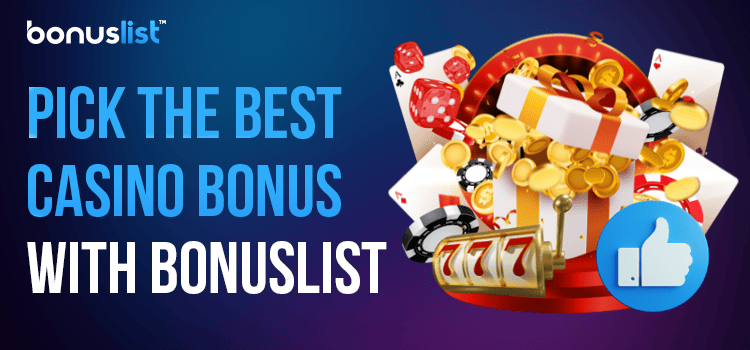 A lot of casino gaming items stack on a podium for picking the best casino bonus with Bonuslist.com