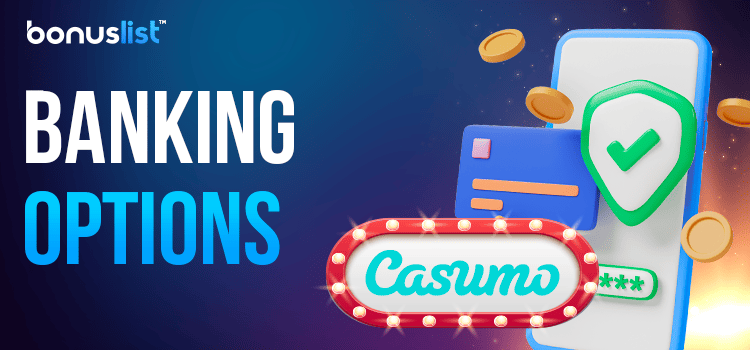A bank card with some gold coins and a check mark on a mobile phone for the banking options of Casumo Casino