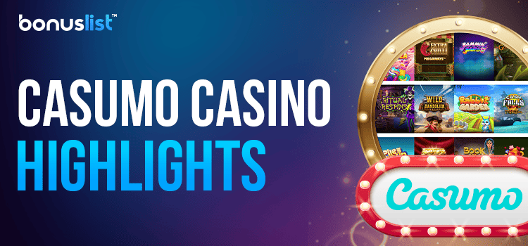Different games list in a golden mirror and Casumo casino logo for the casino's highlights
