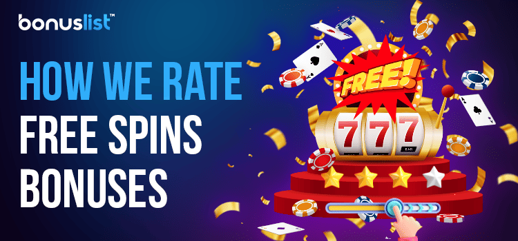Different gaming items on a podium and a hand is selecting stars explain how we rate free spins bonuses