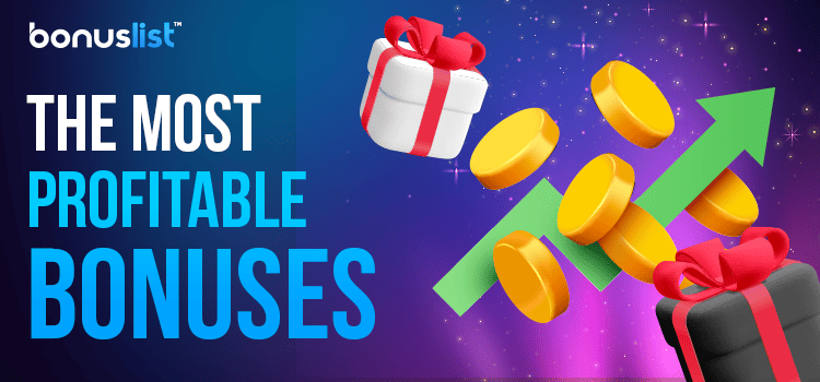 Gold coins and gift boxes with a growth line for the most profitable bonuses