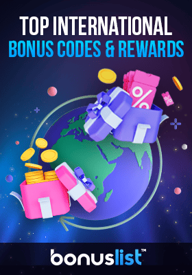Full box of gold coins and discount coupons on a globe for top international bonus codes and rewards