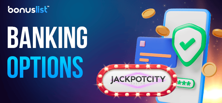 A bank card with some gold coins and a checkmark on a mobile phone for the banking options of Jackpot City Casino