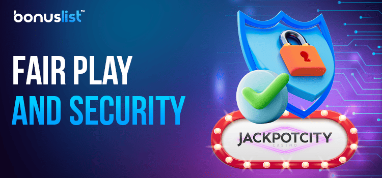 A lock on a security logo and a check mark for fair play and security of Jackpot City Casino