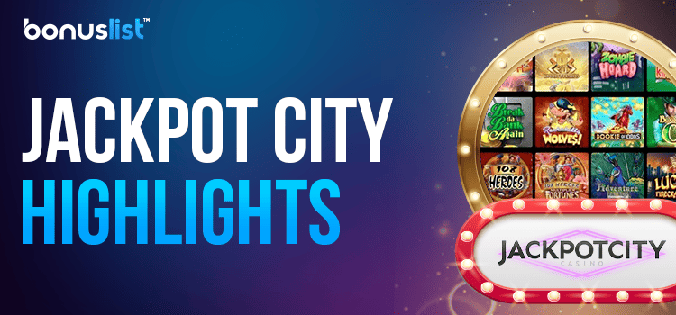 Different games list in a golden mirror and Jackpot City casino logo for the casino's highlights