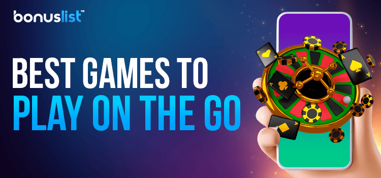 A hand is holding a mobile phone and a gaming on it for the best games to play on the go