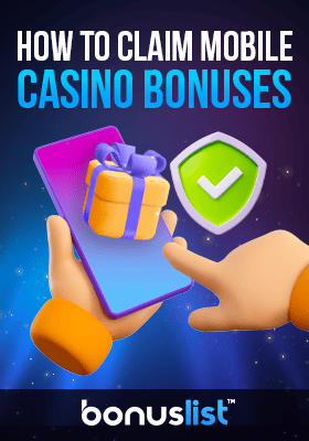 A hand is claiming dummy gift bonuses from a mobile phone explains how to claim mobile casino bonuses
