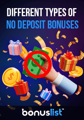 A hand is holding some cash with a NO sign and a lot of different casino bonus items for different types of no deposit bonuses