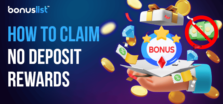 A hand is holding an open box with a lot of casino bonus items explaining how to claim no deposit rewards