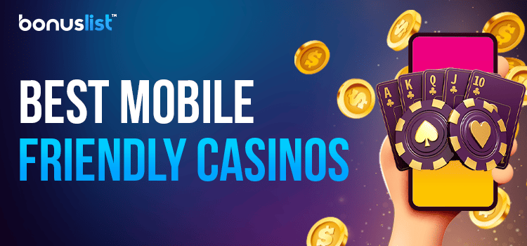 A hand is holding a mobile phone with some casino playing cards and gold coins for the best mobile-friendly casinos