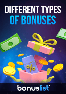 A box is bursting with different bonus items like cash, coins and coupons for different types of bonuses