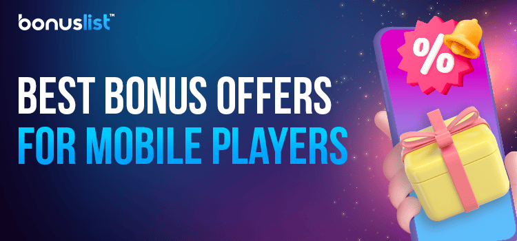 A hand is holding a mobile phone with a gift box and coupon for the best bonus offers for mobile players