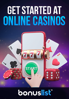 A hand is clicking a start button on a mobile phone describes how to get started at online casinos