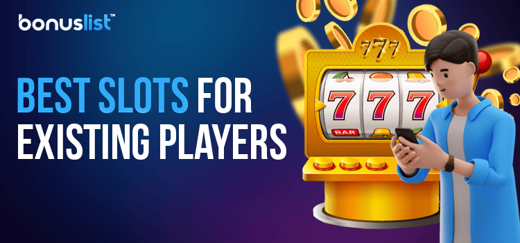 A golden slot machine and a person is using his mobile phone beside it for the best slots for existing players