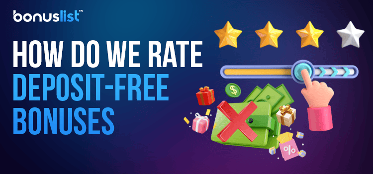 A hand is choosing review stars count and some casino bonuses with a cross mark show how we rate deposit-free bonuses