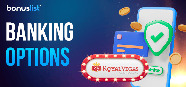 A bank card with some gold coins and a check mark on a mobile phone for the banking options of Royal Vegas Casino