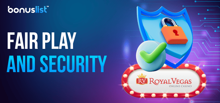 A lock on a security logo and a check mark for fair play and security of Royal Vegas Casino