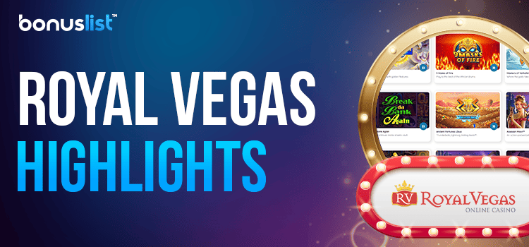 Different games list in a golden mirror and Royal Vegas casino logo for the casino's highlights