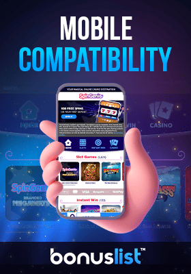 A hand is holding a mobile phone with Spin Genie Casino mobile compatible site on it