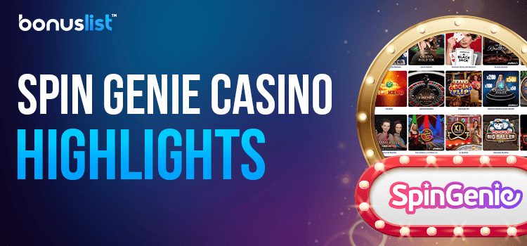 Different games list in a golden mirror and Spin Genie casino logo for the casino's highlights