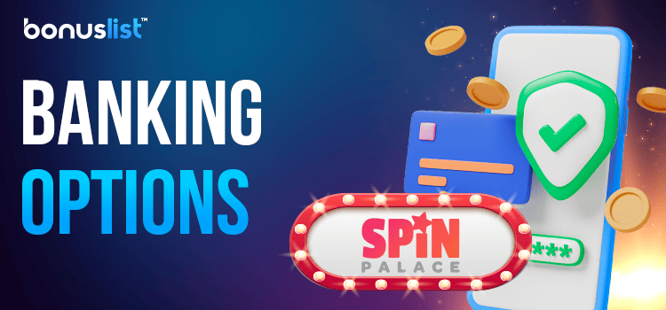 A bank card with some gold coins and a check mark on a mobile phone for the banking options of Spin Palace Casino