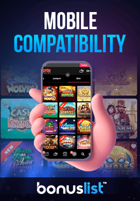A hand is holding a mobile phone with Spin Palace Casino mobile compatible site on it