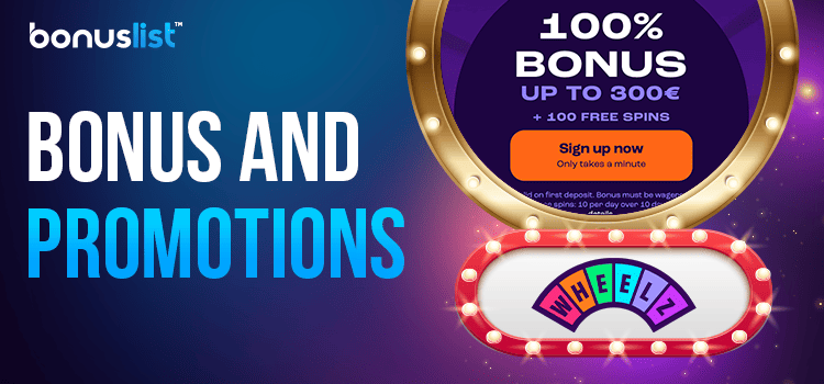 Promotional offer is displayed on a mirror for the bonus and promotions of Wheelz casino